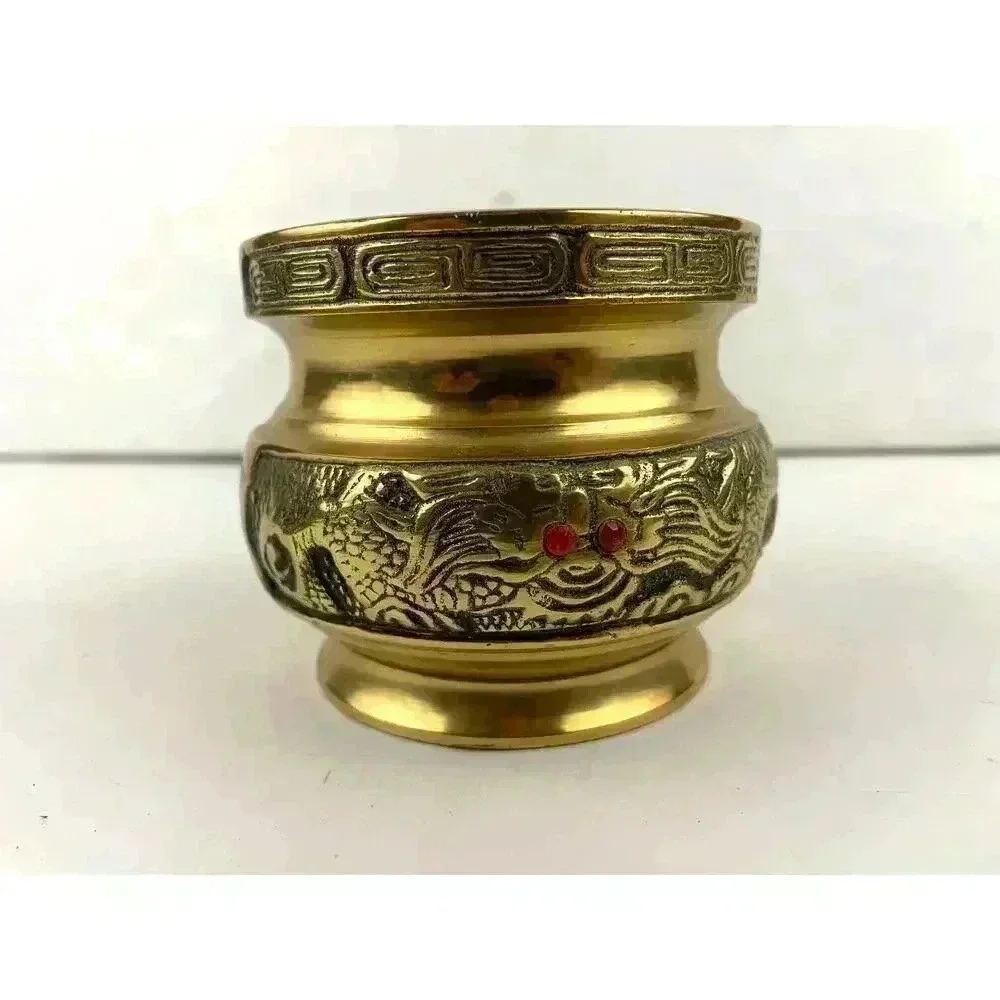 VTG Brass Chinese Dragon Bowl‎ Small Pot Incense Etched Design 3.25